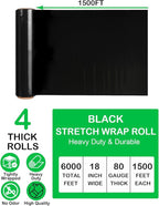 18" Black Stretch Wrap Roll, Heavy Duty 18in 1500ft Shrink Wrap Roll, 80 Gauge Industrial Strength Stretch Film, Stretch Wrap for Moving, Plastic Wrap for Pallet Wrapping Shipping(4 Rolls)