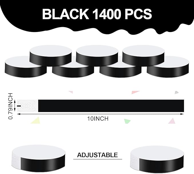 REHALY 1400 Pcs Neon Wristbands for Events - Waterproof Paper Bracelets (Black)