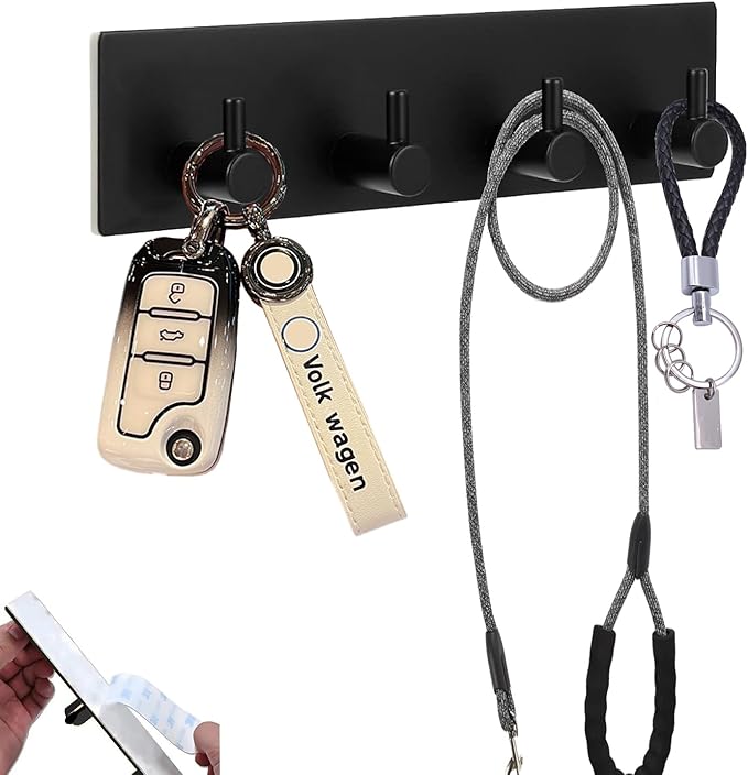 Kingdong Key Holder for Wall 304 Stainless Key Hooks Adhesive Key Holder Wall Mount Key Hanger with 4 Heavy Duty Hooks Key Organizer for Kitchen, Bedroom, Bathroom (Black(4 Hooks))