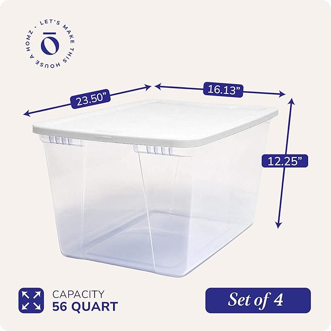 HOMZ 4-Pack Snaplock, Large Clear Plastic Storage Organizer Bins w/Lids, 56 Quart, White - Stackable Container Boxes for Bedroom, Bathroom, Garage, and Office Organization
