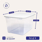 HOMZ 4-Pack Snaplock, Large Clear Plastic Storage Organizer Bins w/Lids, 56 Quart, White - Stackable Container Boxes for Bedroom, Bathroom, Garage, and Office Organization