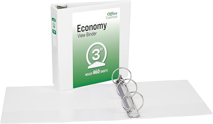 Office Essentials Economy View 3 Ring Binders, 3" Round Rings, 3.5" Spine, 460-Sheet Capacity, White Binders (4-Pack of 03148)