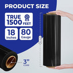 Rosmonde Bulk Plastic Wrap For Moving, 200 Rolls, 80 Gauge Thick Black Industrial Shrink Wrap Roll, True 18" x 1500 ft Stretch Wrap, 3" Core, Black Stretch Film Roll for Warehouses, Moving & Packaging