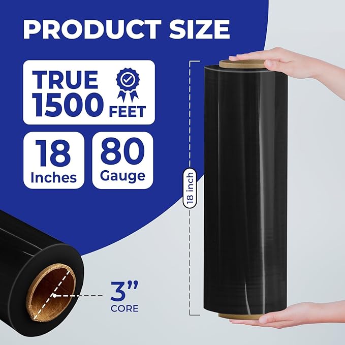 Rosmonde Bulk Plastic Wrap For Moving, 200 Rolls, 80 Gauge Thick Black Industrial Shrink Wrap Roll, True 18" x 1500 ft Stretch Wrap, 3" Core, Black Stretch Film Roll for Warehouses, Moving & Packaging