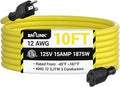 BN-LINK 10ft Outdoor Extension Cord, 12/3 SJTW Heavy Duty Power Cord, 3-Prong Grounded Plug, Weather Resistant, 15A, 1875W, Yellow, for Lawn, Garden, Appliances, ETL Listed