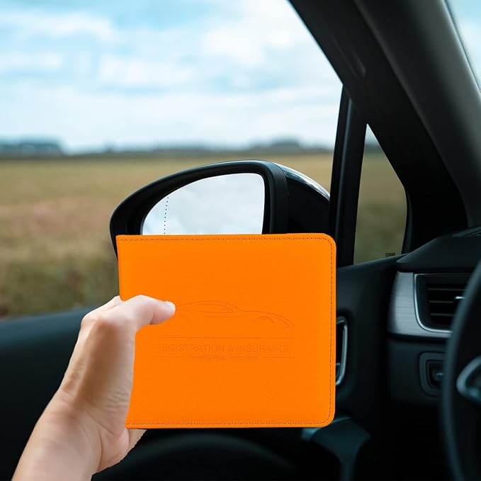 Car Registration and Insurance Holder, Premium Pu Leather Vehicle Glove Box Organizer - for Driver License, Cards & Essential Documents (S-Orange)