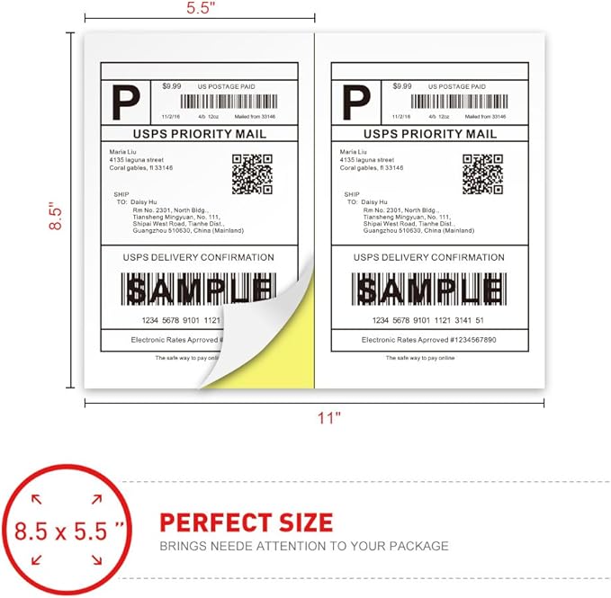 [500 Sheets; 1000 Labels] Half Sheet Self Adhesive Shipping Labels for Laser & Inkjet Printers, 8.5" X 5.5" Shipping Labels for Laser & Inkjet Printers