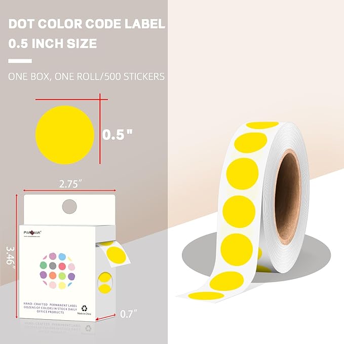 PARLAIM 1/2 Inch Round Adhesive Color-Code Dot Stickers,500 Stickers Inventory Dots Label in Dispenser Box,Yellow Circle Coding Labels for Office Home (Yellow)