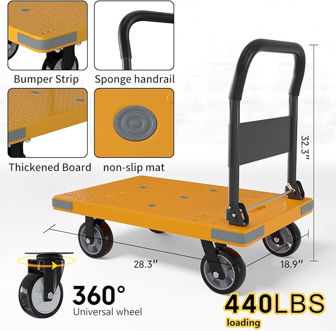 WUD Push Cart, Folding Mobile Platform Trolley,Thickened and Reinforced, 360° Swivel Wheels,28.3 “L x 18.9 ”W, 440 lb. Yellow Dolly cart with Wheels