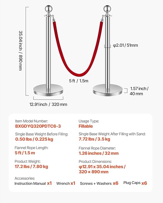 VEVOR Stanchions and Velvet Ropes 6Pcs, Hollow Base with Stainless Steel Post, 3 Red Velvet Ropes and Posts, Crowd Control Barriers Silver Stanchions, Red Carpet Runner Poles for Party Supplies