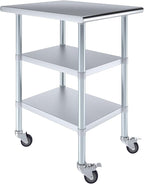 AmGood Stainless Steel Work Table with 2 Shelves and Casters (Stainless Steel Work Table with 2 Shelves + Casters, 24" Long x 30" Deep)