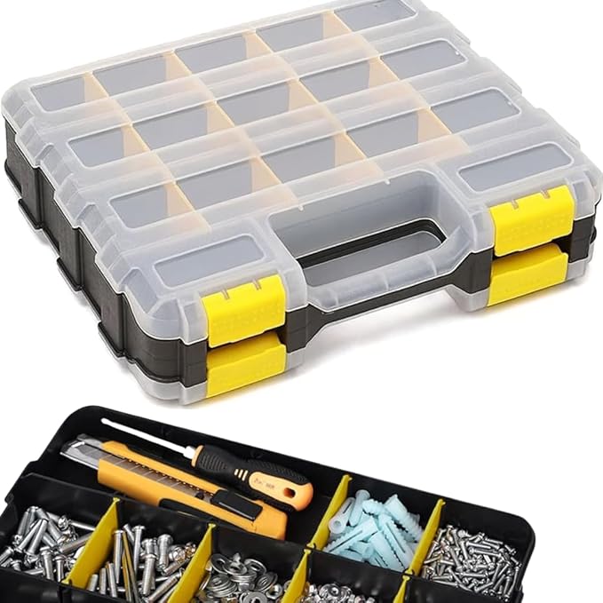 Andalus Tools Organizer Box, Small Parts Storage 34-Compartment Double-Sided Portable Hardware Organizer Removable Plastic Dividers for Screws, Nuts, Bolts, Nails – Yellow (1 Pack, 12.5" x 10.5" x 3")