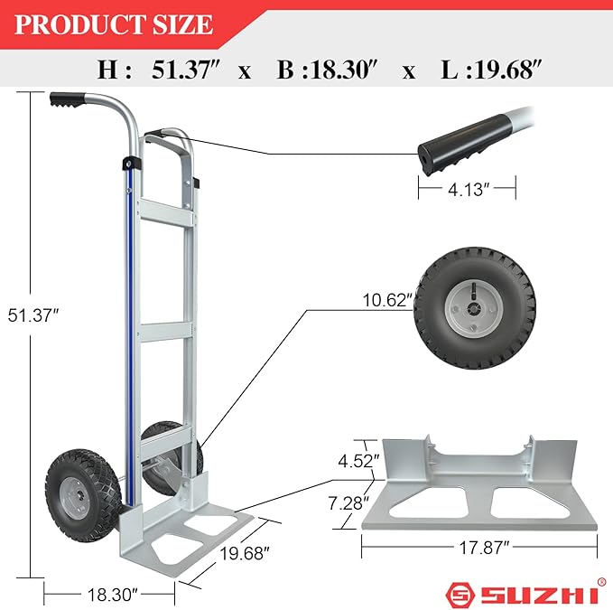 Large Wheel Hand Truck/Two Wheel Appliance Dolly Cart with 2 Straps / 600lb Load/Heavy Duty/for Equipment/Furniture/Electrical Appliances/Large Cartons/Warehouse