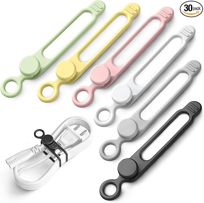 30Pcs Silicone Cable Ties,Reusable Data Cable Organizer for Office, Multipurpose Elastic Cord Management Ties for Bundling and Fastening Cable Cords Wires