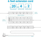 Flat Plug Power Strip Surge Protector with 20 AC Outlets 6 USB Chagring Ports, 1875W/15A, 2700J, Heavy Duty Extension Cord 6 Ft for Home, Office, Dorm, Gaming,ETL Listed (White, 6FT)