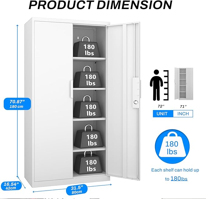 Metal Garage Storage Cabinet with Lock, 71" Tall Steel Storage Locker with 4 Adjustable Shelves, Heavy Duty Metal Cabinet for Garage, Office, Home, 31.5”W × 16.5”D, White