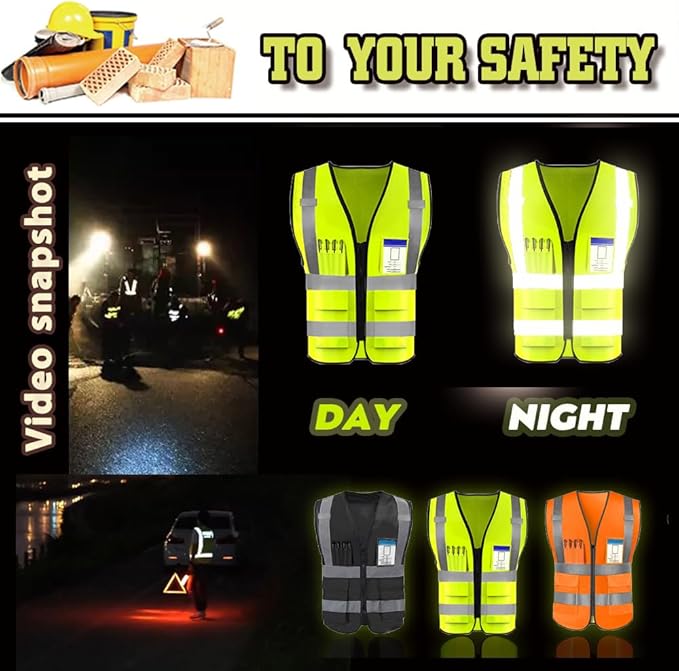 YOWESHOP High Reflective Visibility Safety Vest Custom Your Logo Safety Workwear with Reflective Strips and Pockets