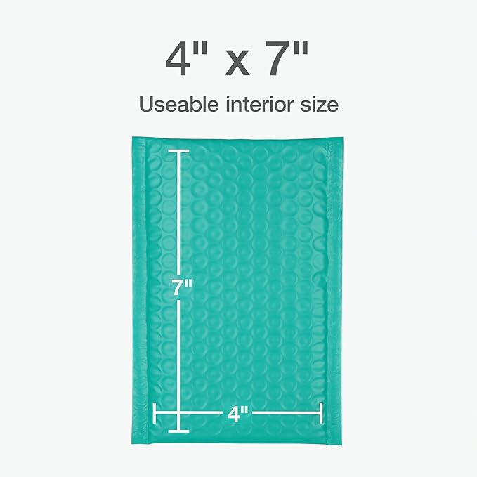 Quality Park Bubble Mailers, 4 x 8 Shipping Envelopes, Self-Seal, Small Teal Padded Envelopes, Redi-Strip Peel Off Closure, 50 Per Box (QUA85915)