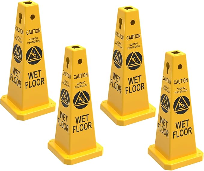 Caution Wet Floor Sign, 26.4-Inch Safety Cone, 4 Pack Yellow Plastic, High-Visibility, Non-Fading, Slip-Resistant Base, Stackable, Indoor Outdoor Warning Sign