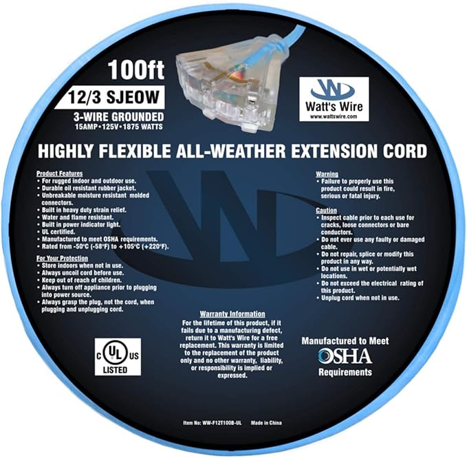 100 ft Extreme Cold Outdoor Extension Cord Waterproof - 12 Gauge Heavy Duty Extension Cord 100 ft - Lighted Outdoor Extension Cords with Multiple Outlets Oil-Resistant Flexible Cord - Watts Wire