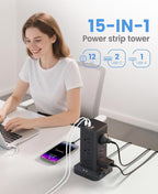 15-in-1 Power Strip Tower with Surge Protector 1800J, Fast Charging Tower PD20W USB-C Ports with 12 AC Outlets, 15ft Extension Cord for Home Office Dorm Room, Black