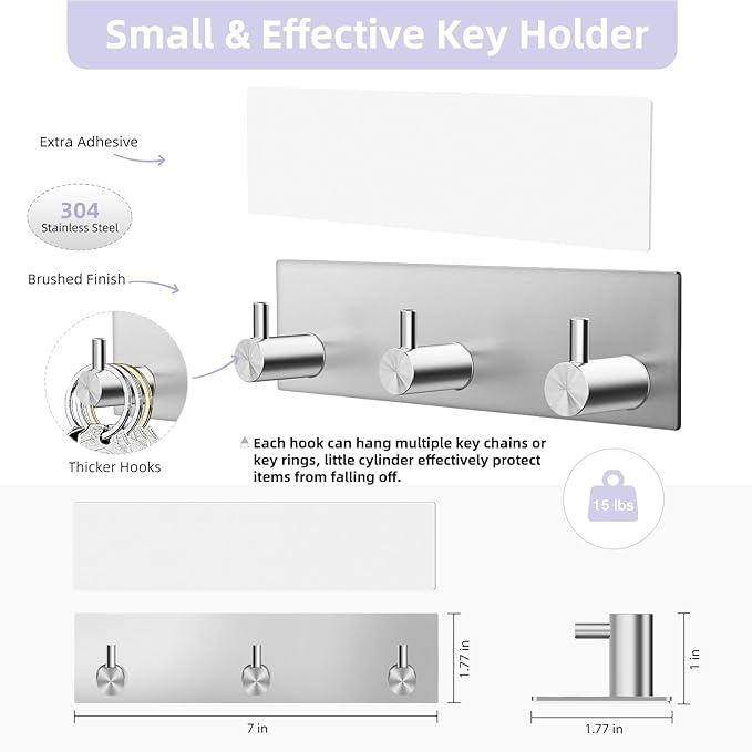 VIS'V Key Holder Wall Mount, Small Metal Self Adhesive Key Hanger with 3 Hooks, No Drilling, Extra Adhesive Strip, Silver