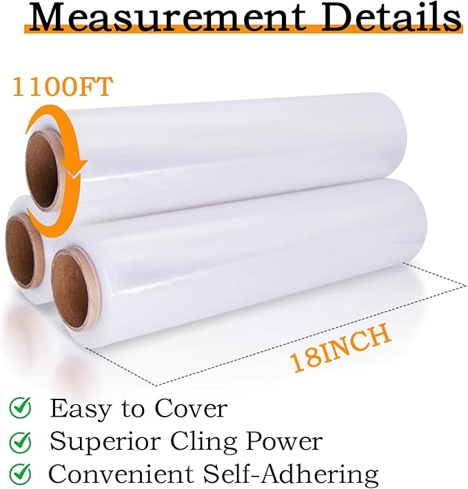 18 Inch 80 Gauge Stretch Film 1100ft 4 Rolls - Single Layer PE Plastic Wrap, Industrial Pallet Wrapping for Heavy Duty Shipping Storage, 350% Stretch Clear Packaging Film