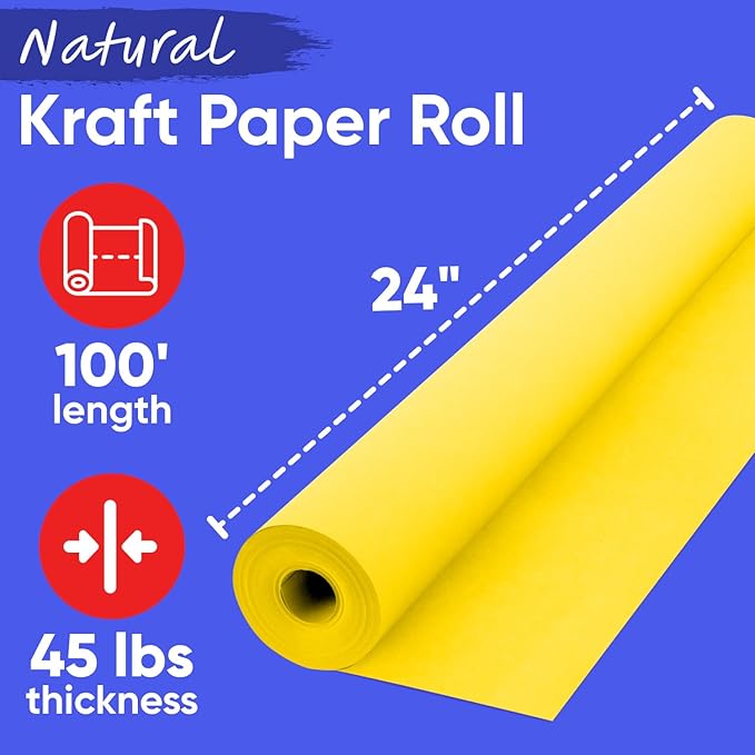 USA Made 24" x 1200" Yellow Kraft Paper Roll, 45 lbs Thickness, American Quality Colored Kraft Paper for School, Poster Arts, Crafts, Bulletin Board Roll - Odorless, Non-Toxic, Safe for Kids