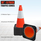 6 Pack 18" Inch Orange PVC Traffic Cones with Heavy-Duty Base, High-Visibility All-Weather Safety Cones for Road Construction, Parking Lot, and Garage Use (6, Orange, 18" Medium)