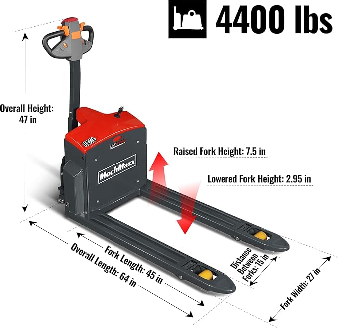 4400lbs Lithium-ion Electric Pallet Jack, 45"x27" Fork, 48V 50Ah Battery, Walkie Type Truck, Model EPT44