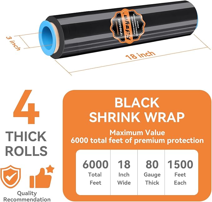 18" x 1500' Stretch Film Shrink Wrap Roll - Black Plastic Wrap for Moving, Heavy Duty 80 Gauge, 600% Stretch for Packing, Pallets, Shipping&Furniture Protection with Handles(4 Rolls)