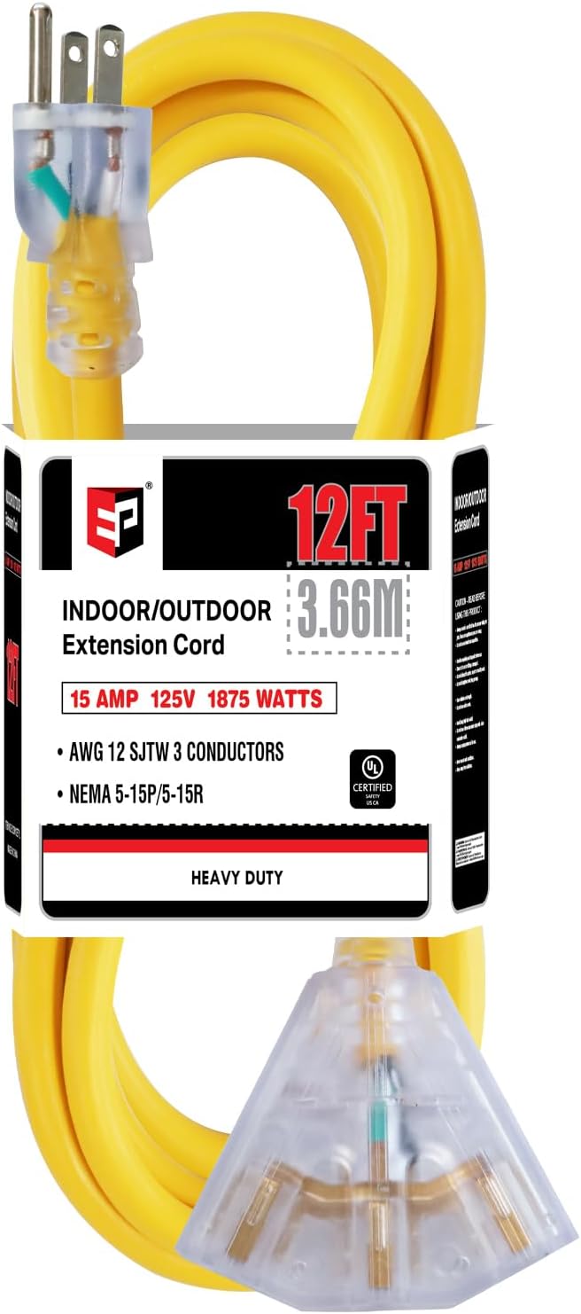 EP 12 Ft 12 Gauge Heavy Duty Extension Cord, 15A 125V 1875W, 3 Outlet Indoor/Outdoor Power Cord with Lighted End, 12/3 SJTW Weatherproof Yellow, UL Listed