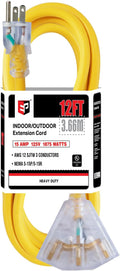 EP 12 Ft 12 Gauge Heavy Duty Extension Cord, 15A 125V 1875W, 3 Outlet Indoor/Outdoor Power Cord with Lighted End, 12/3 SJTW Weatherproof Yellow, UL Listed