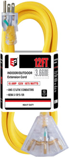 EP 12 Ft 12 Gauge Heavy Duty Extension Cord, 15A 125V 1875W, 3 Outlet Indoor/Outdoor Power Cord with Lighted End, 12/3 SJTW Weatherproof Yellow, UL Listed