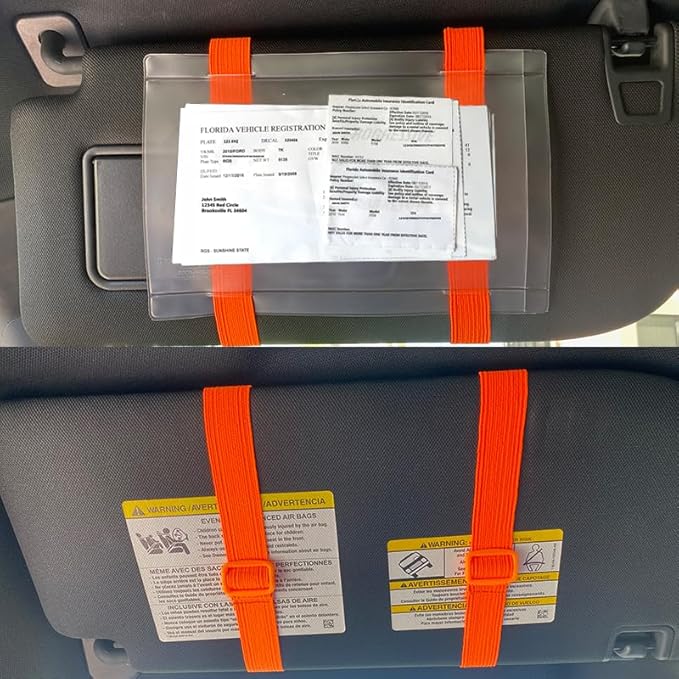 Car Registration and Insurance Holder Visor - Durable Elastic Band & Buckle Closure - Conveniently Stores Documents - Essential Car Accessory (Orange/Orange), Made in USA