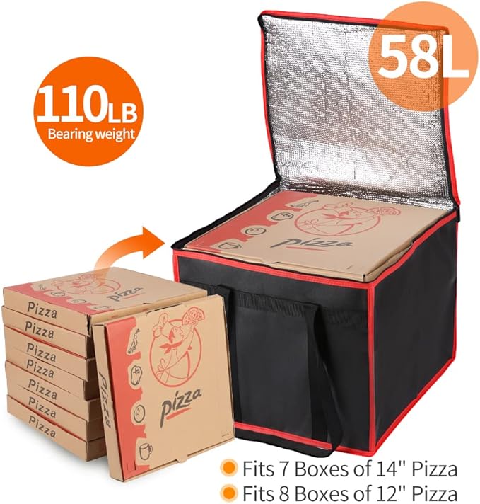 Bodaon Insulated Pizza Delivery Bag, 16" x 16" x 14" Pizza Warmer Bags for Carry Hot, Commercial Delivery Bag, Food Warmers for Parties, Pizza Pack Insulation, Pizza Carrier (Black-Red, 1Pk)