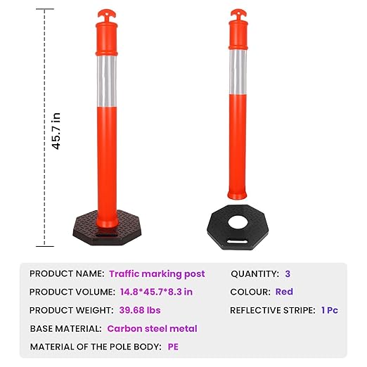 46” Traffic Delineator Post Cones with Stable Carbon Steel Base and Reflective Bands, Channelizer Post Kit, Delineator Post for Road Safety and Event Management (3 Pack)