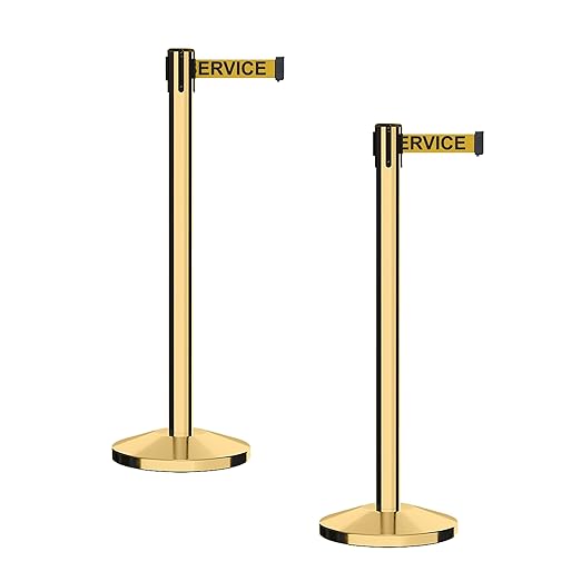 CCW Series RBB-100 - Set of 2 Stanchion Retractable Belt Barriers (9 Foot Belt, Yellow with"Out of Service" Black Letters Belt with Polished Brass Post)