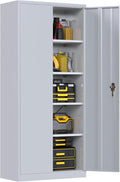 Metal Garage Storage Cabinet, Steel Lockable File Cabinet with 2 Doors and 4 Adjustable Shelves for Office Home Closet, Storage, Assembly Required, Gray, 71" H