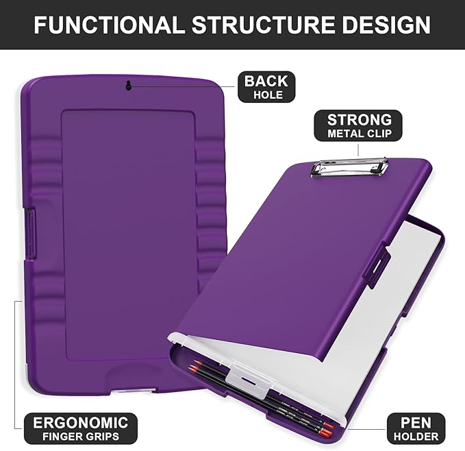 Plastic Clipboard with Storage, 8.5 x 11 Storage Organization Box Side-Opening, Heavy Duty Clip Board with Pen Holder and Paper Folder for Nurses, Teachers, Office & School Supply, Dark Purple