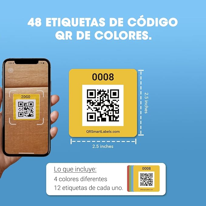 SmartLabels – Etiquetas QR en Español | Paquete de 48 | Etiquetas QR Multicolor | Calcomanías con App para Inventario Fácil, Organización de Bodegas o Etiquetas de Mudanza