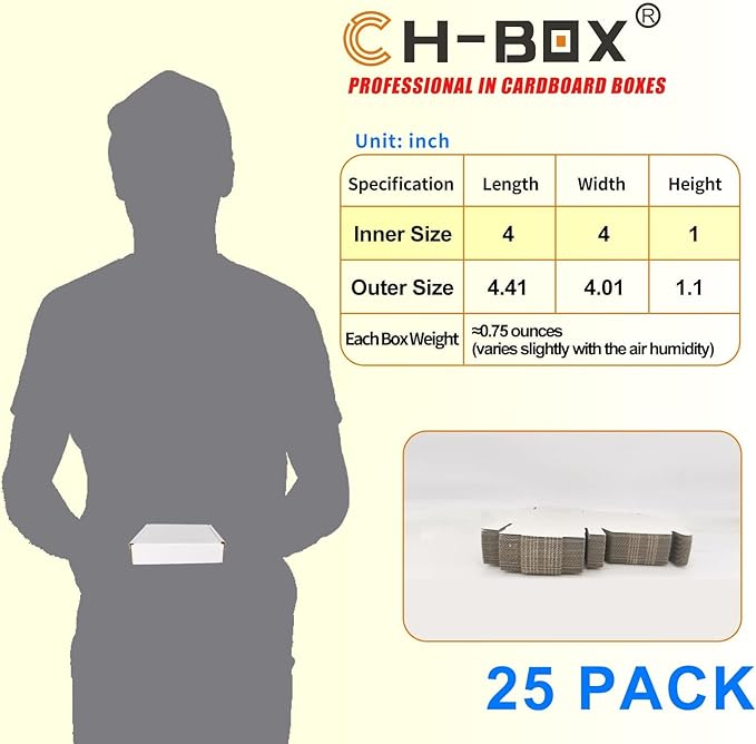 4x4x1'' Small Shipping Boxes (Inner Size) 25 Pack, Corrugated Cardboard Mailers for Small Business, White (CM441-25)