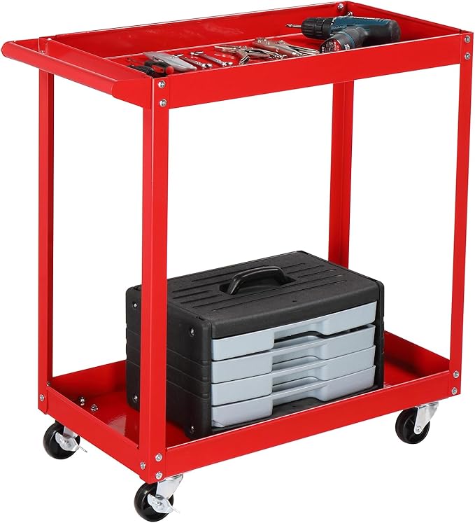 TUFFIOM 2 Tier Rolling Tool Cart on Wheels w/2 Brake, 220 LBS Capacity Heavy Duty Commercial Utility Tool Service Cart, Tool Organizer for Mechanic,Garage,Workshop,Warehouse & Repair Shop