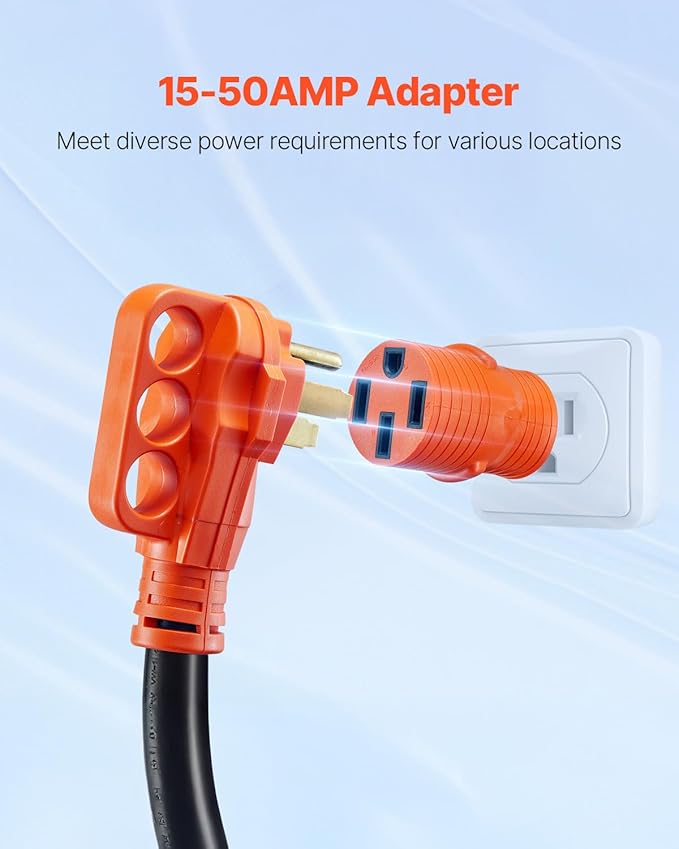 VEVOR 50 Amp RV Extension Cord 50 Feet, Heavy Duty STW 6/3+8/1 AWG Power Cord NEMA 14-50P to 14-50R, with 15A Adapter, LED Power Indicator, for RV Generator Camper, ETL Listed