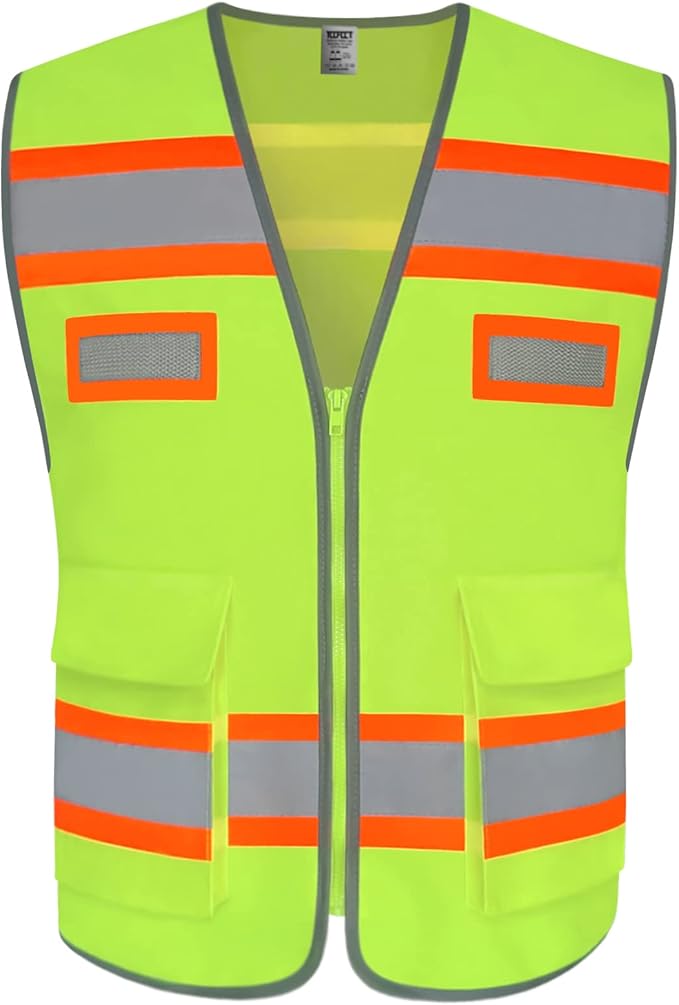 TCCFCCT Safety Vest for Men Women with Pockets High Visibility Reflective Vest for Safety, Work Vest with Fluorescent Orange Extend Edge, Meets ANSI/ISEA Standards, Yellow, L
