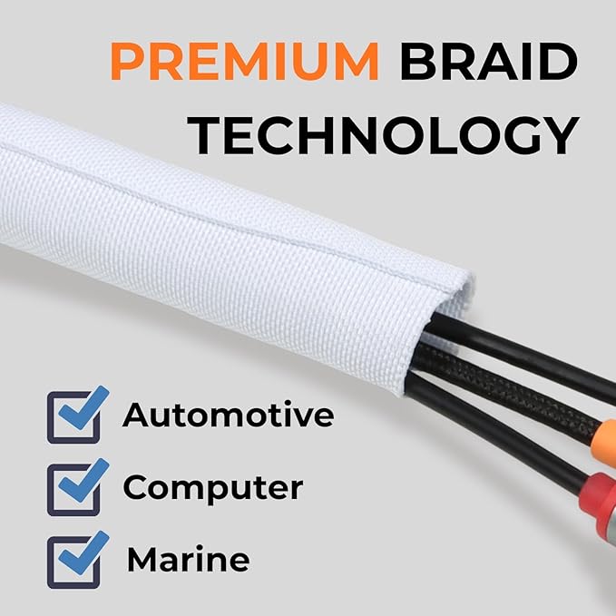 3/8 inch Split Braided Cable Management Sleeve for USB Cable Power Cord Audio Video Cable, Wire Loom Cord Protector from Cat Dog Chewing (White, 25FT)