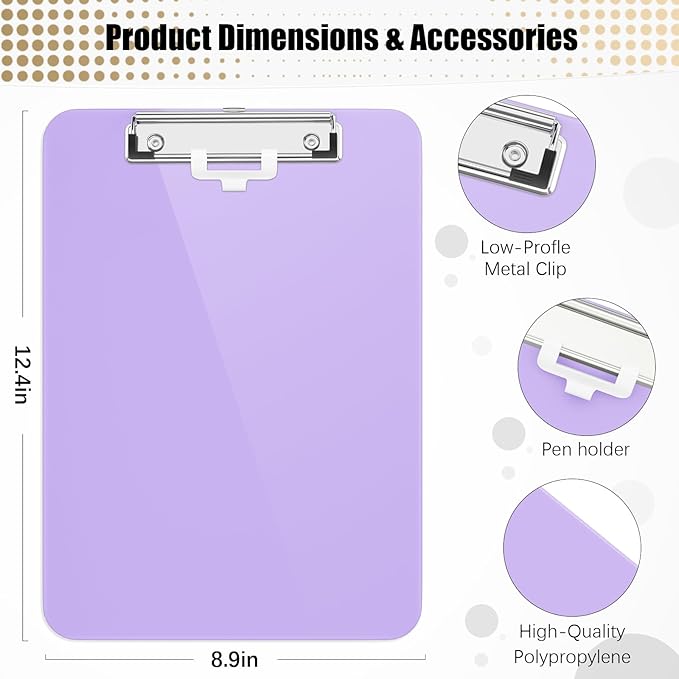 Hongri Plastic Clipboard with Pen Holder, Purple 8.5x11 Letter Size Clip Board for Classroom, Office, Students, Nurses and Women, Low Profile Clip, Size 12.5 x 9 in(Pack of 2)