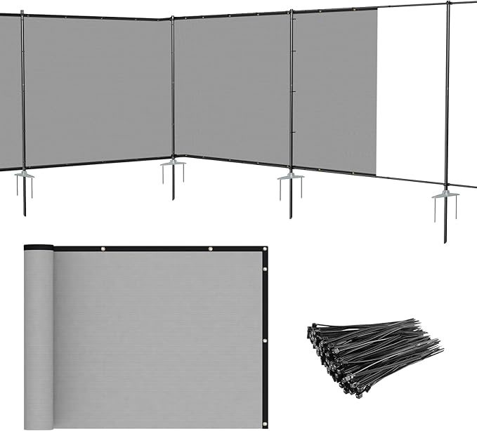 Patio 6' x 129' Outdoor Privacy Screen Freestanding Temporary Fence Panels Net Cover with Metal Poles for Outside Backyard Pool Garden Air Conditioner Fencing, Light Gray