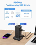 15-in-1 Power Strip Tower with Surge Protector 1800J, Fast Charging Tower PD20W USB-C Ports with 12 AC Outlets, 15ft Extension Cord for Home Office Dorm Room, Black