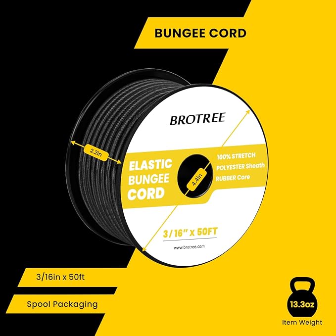 Bungee Cord Elastic Shock Cord 3/16" x 50' Bungee Rope for DIY, Tie Downs, Kayak and Outdoor - Black